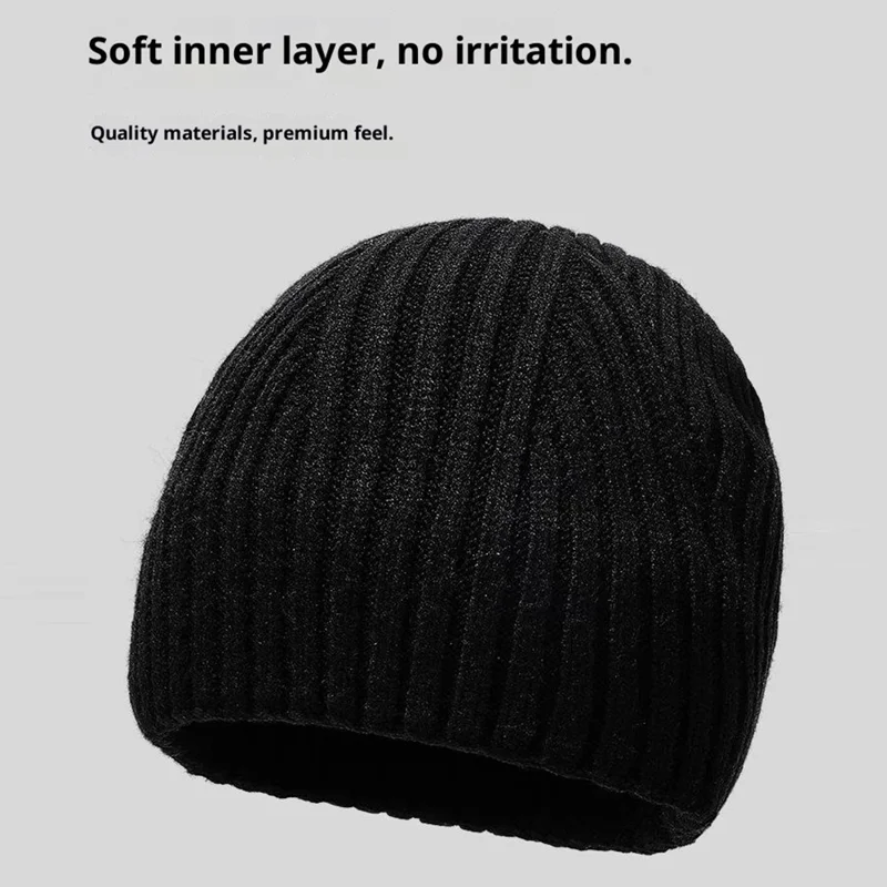 Gorro de Lana con Botón y Protección para los Oídos, Gorro de Punto para el Invierno - Negro
