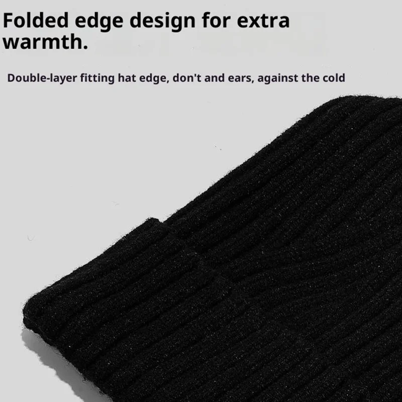 Gorro de Lana con Botón y Protección para los Oídos, Gorro de Punto para el Invierno - Negro