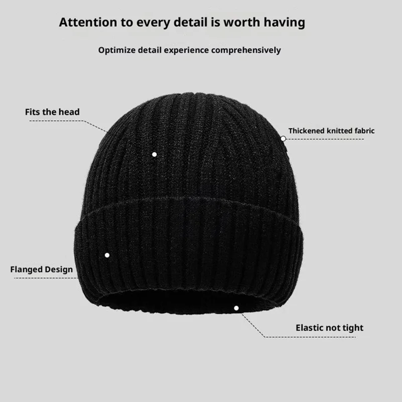 Gorro de Lana con Botón y Protección para los Oídos, Gorro de Punto para el Invierno - Negro