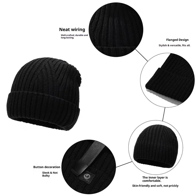 Gorro de Lana con Botón y Protección para los Oídos, Gorro de Punto para el Invierno - Negro