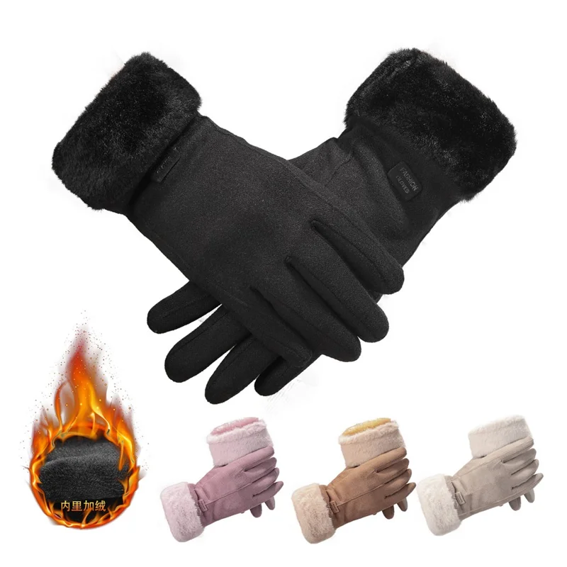 1 Para Rękawiczek Zimowych Przeciwwiatrowych z Fleece, Rękawiczki z Dotykowym Palcem Wskazującym do Jazdy na Rowerze dla Kobiet - Czarne