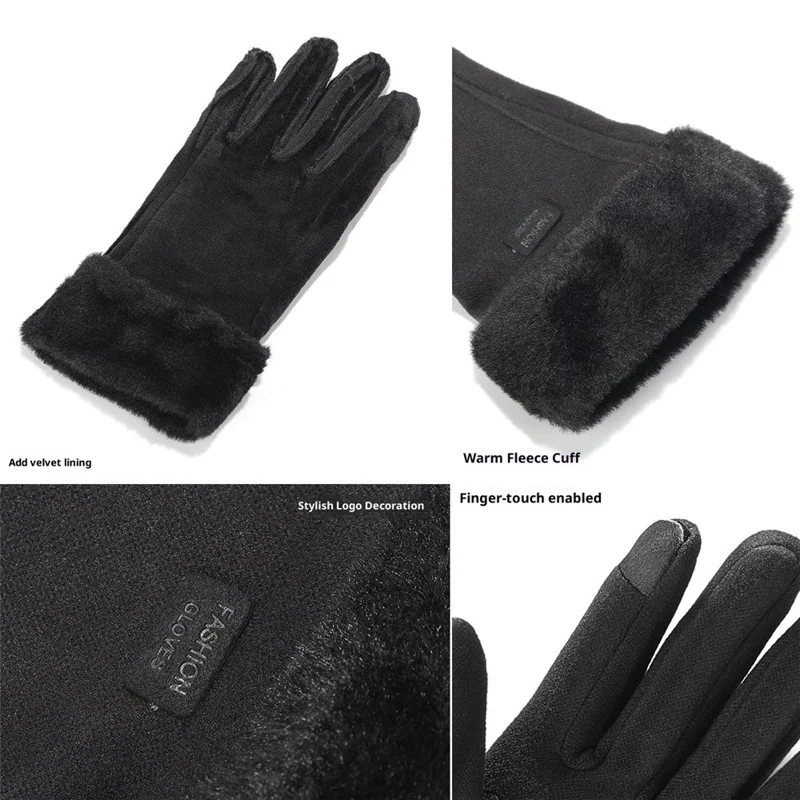 1 Para Rękawiczek Zimowych Przeciwwiatrowych z Fleece, Rękawiczki z Dotykowym Palcem Wskazującym do Jazdy na Rowerze dla Kobiet - Czarne