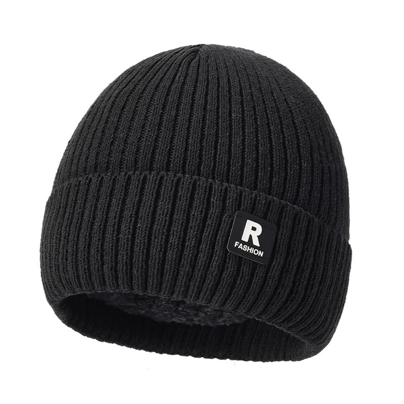 Winter gebreide muts voor buiten koude bescherming oorwarmer ijsmuts met R-logo geborduurd - Zwart