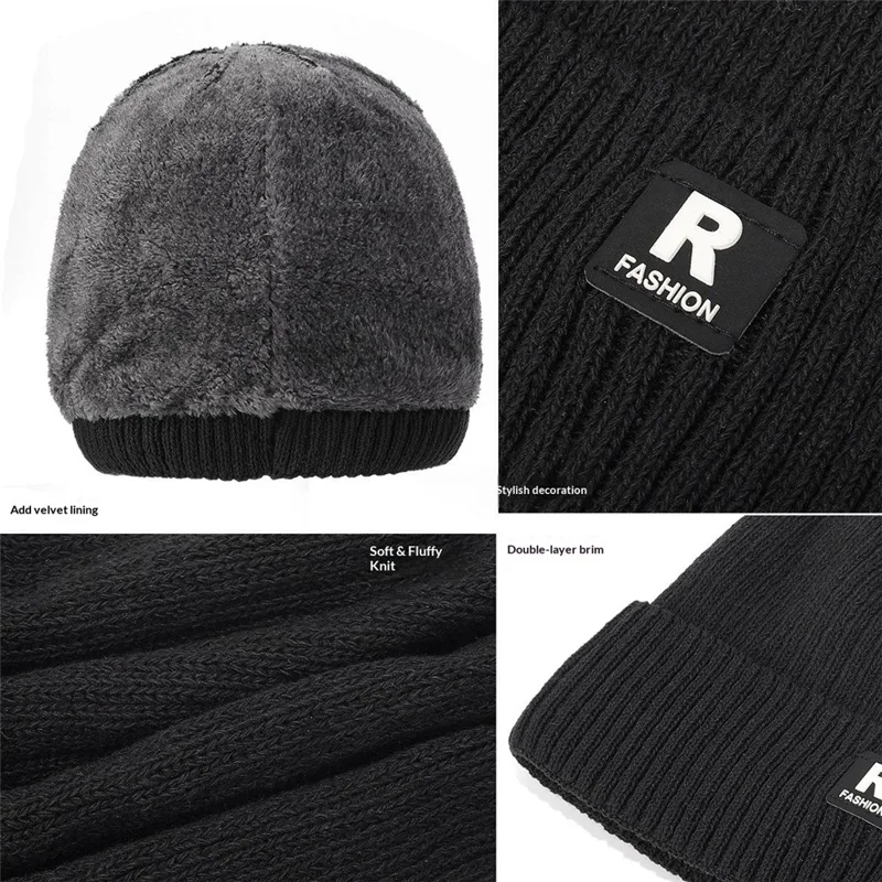 Winter gebreide muts voor buiten koude bescherming oorwarmer ijsmuts met R-logo geborduurd - Zwart