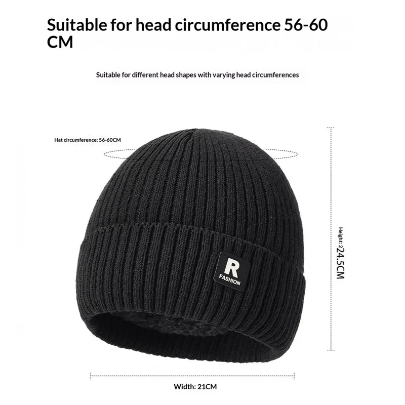 Winter gebreide muts voor buiten koude bescherming oorwarmer ijsmuts met R-logo geborduurd - Zwart