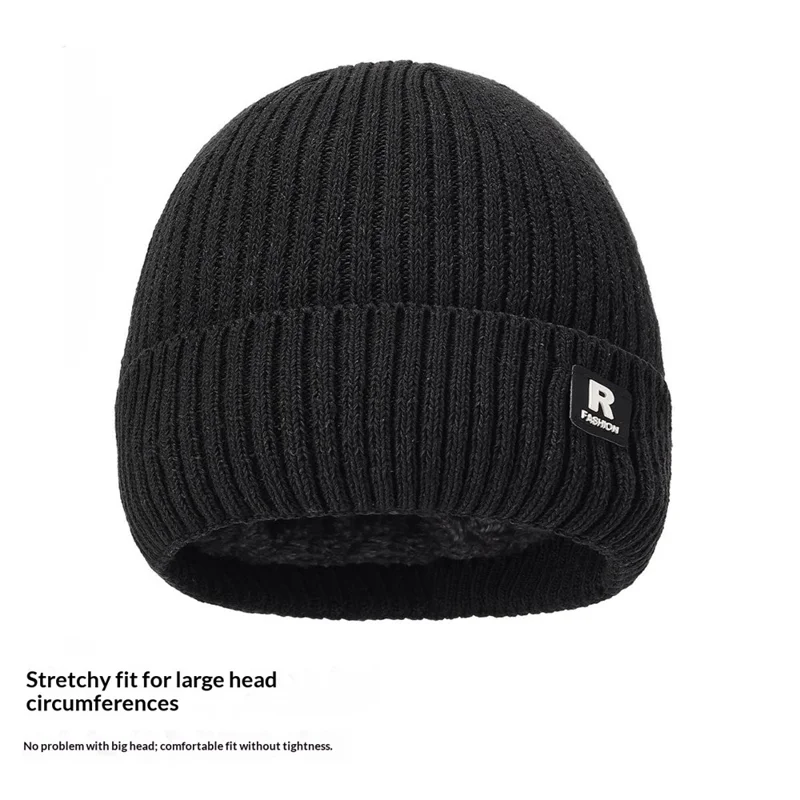 Winter gebreide muts voor buiten koude bescherming oorwarmer ijsmuts met R-logo geborduurd - Zwart