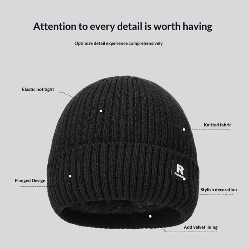 Winter gebreide muts voor buiten koude bescherming oorwarmer ijsmuts met R-logo geborduurd - Zwart