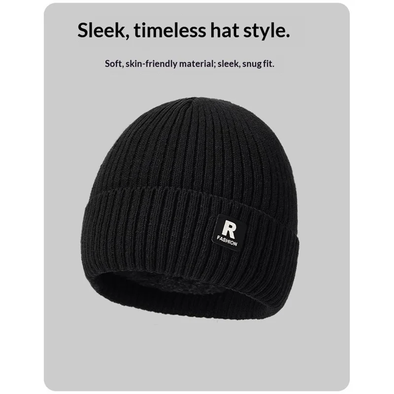 Winter gebreide muts voor buiten koude bescherming oorwarmer ijsmuts met R-logo geborduurd - Zwart