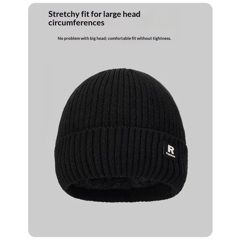 Winter gebreide muts voor buiten koude bescherming oorwarmer ijsmuts met R-logo geborduurd - Zwart