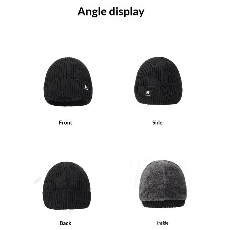 Winter gebreide muts voor buiten koude bescherming oorwarmer ijsmuts met R-logo geborduurd - Zwart