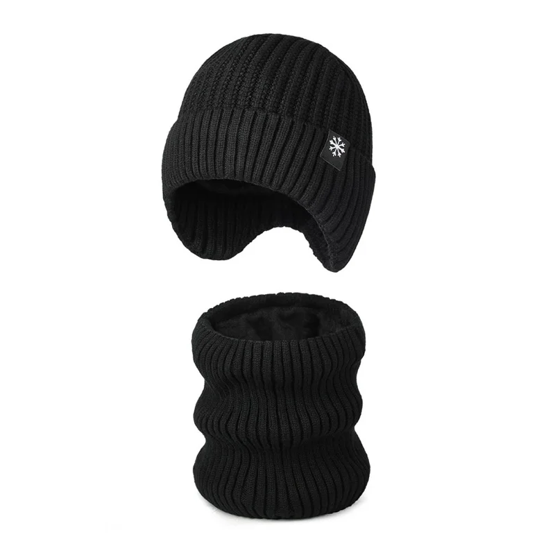 Winter Acrylic Snowflake Knit Hat and Neck Warmer Set Fleece Lined Elastic Beanie with Scarf for Cold Weather - Black