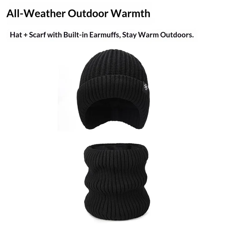 Winter Acrylic Snowflake Knit Hat and Neck Warmer Set Fleece Lined Elastic Beanie with Scarf for Cold Weather - Black