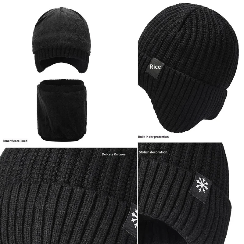 Winter Acrylic Snowflake Knit Hat and Neck Warmer Set Fleece Lined Elastic Beanie with Scarf for Cold Weather - Black