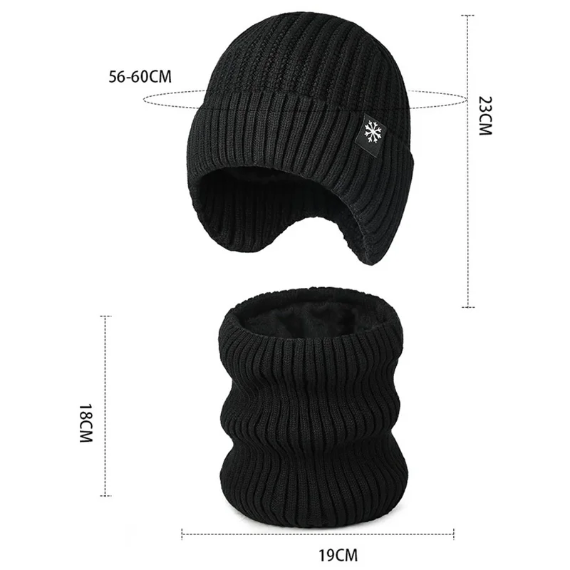 Winter Acrylic Snowflake Knit Hat and Neck Warmer Set Fleece Lined Elastic Beanie with Scarf for Cold Weather - Black