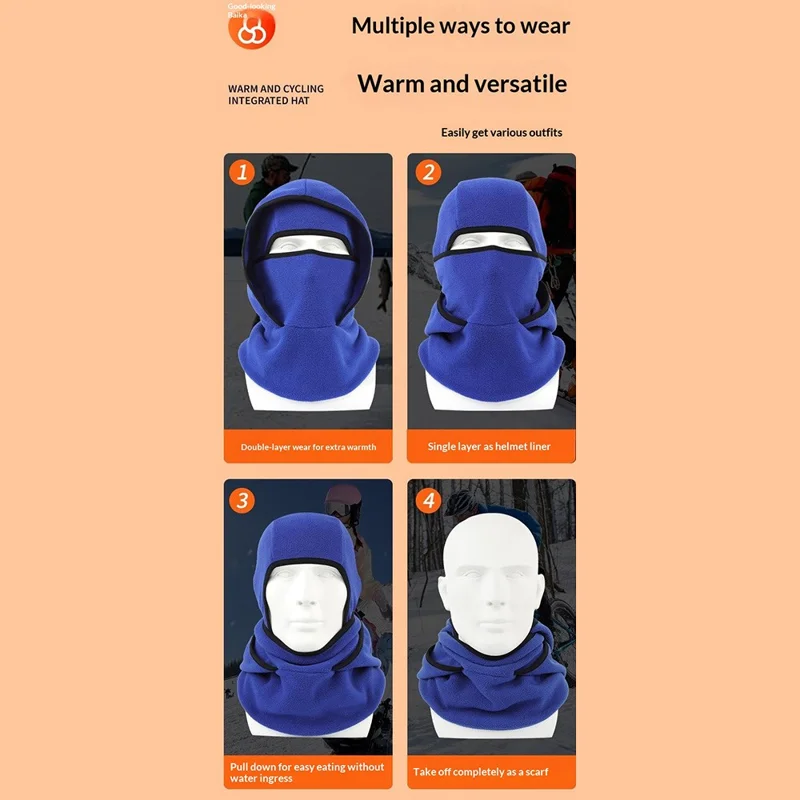 Vinter Dobbeltlaget Fleece Helsigt Halsvarmer til Cykling og Skiløb, Vindtæt Hjelmfor, Termisk Balaclava - Sort