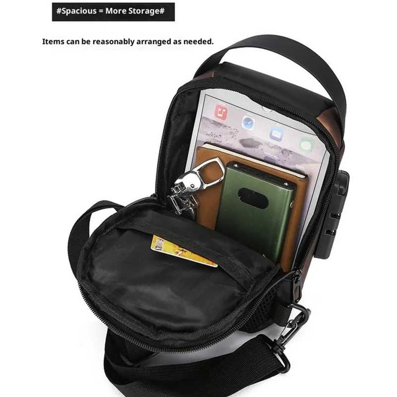Outdoor Crossbody Shoulder Handbag Anti-Theft 3 Digit Password Lock Bag 8 inch Tablet Bag with USB Charging - Black