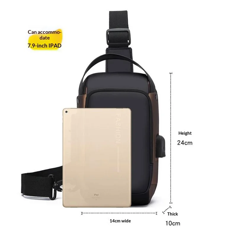 Outdoor Crossbody Shoulder Handbag Anti-Theft 3 Digit Password Lock Bag 8 inch Tablet Bag with USB Charging - Black