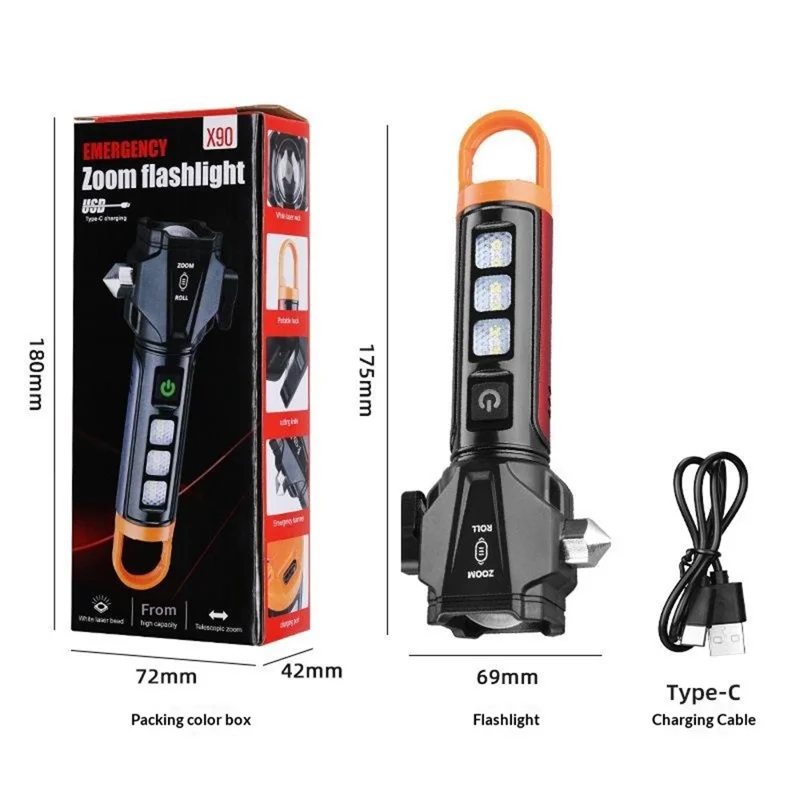 Safety Hammer Flashlight USB Charged with Side Light / Cutting Tool / Multi-Function Car Emergency White Laser Torch - Red