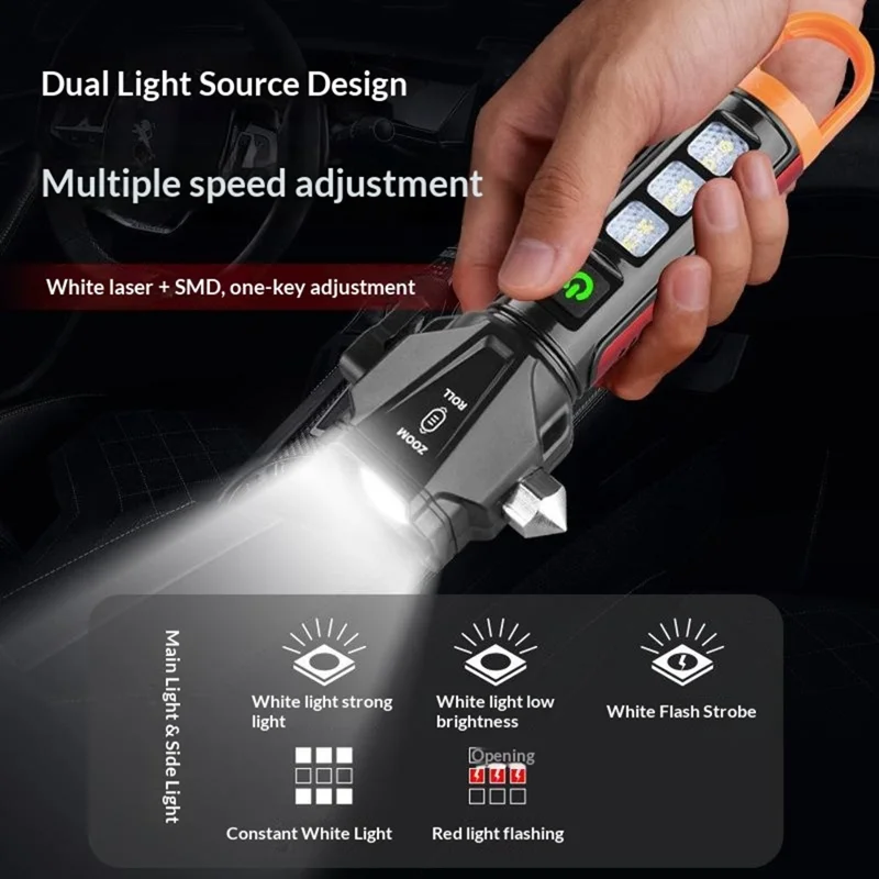 Safety Hammer Flashlight USB Charged with Side Light / Cutting Tool / Multi-Function Car Emergency White Laser Torch - Red