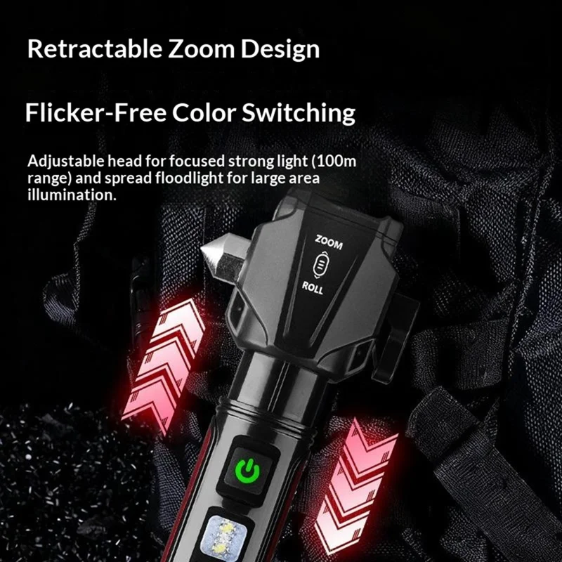 Safety Hammer Flashlight USB Charged with Side Light / Cutting Tool / Multi-Function Car Emergency White Laser Torch - Red