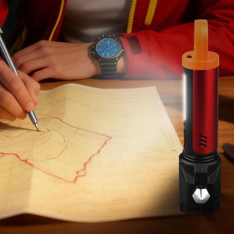 Safety Hammer Flashlight USB Charged with Side Light / Cutting Tool / Multi-Function Car Emergency White Laser Torch - Red