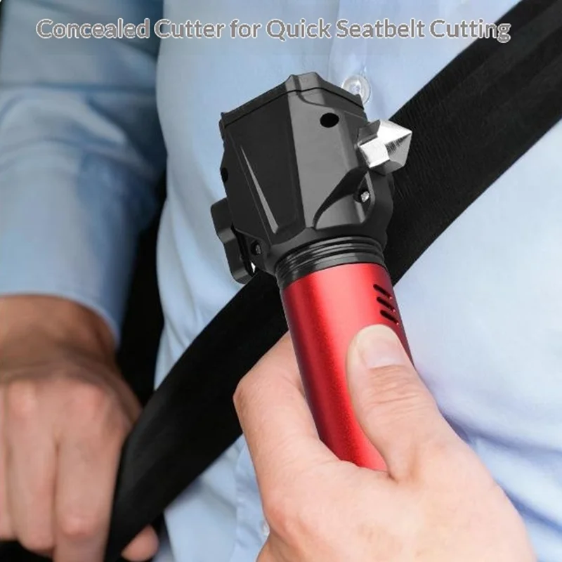 Safety Hammer Flashlight USB Charged with Side Light / Cutting Tool / Multi-Function Car Emergency White Laser Torch - Red