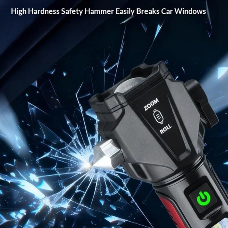 Safety Hammer Flashlight USB Charged with Side Light / Cutting Tool / Multi-Function Car Emergency White Laser Torch - Red