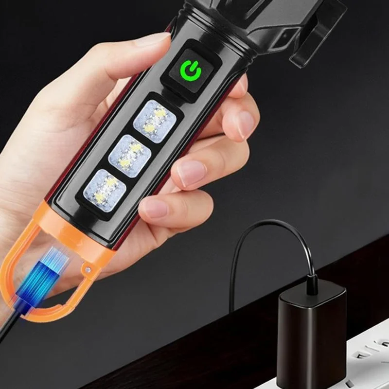 Safety Hammer Flashlight USB Charged with Side Light / Cutting Tool / Multi-Function Car Emergency White Laser Torch - Red