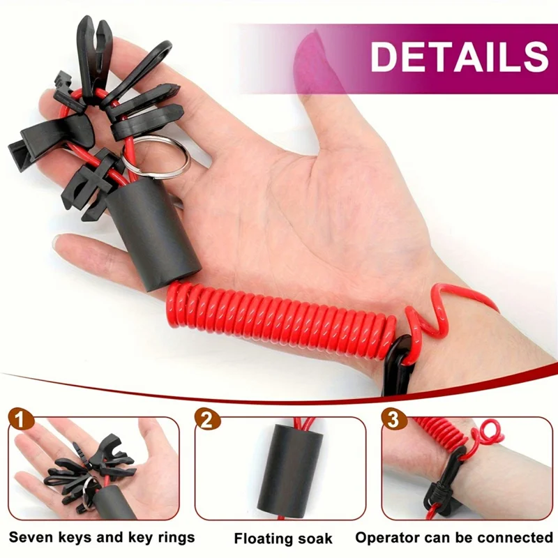 1.6m Outboard Engine Kill Switch Lanyard TPU Jet Ski Emergency Safety Lanyard with 7 Keys and Swivel Hook Anti-Loss Anti-Theft