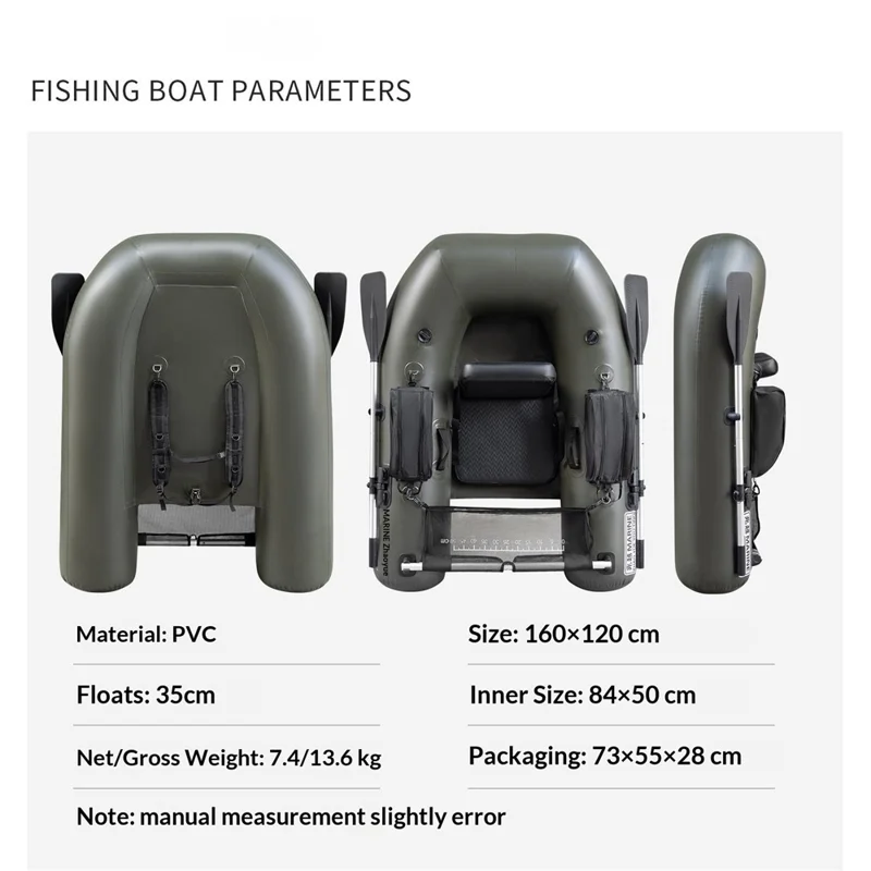 Bateau gonflable en PVC, embarcation de pêche légère avec 2+1 chambres à air - Noir