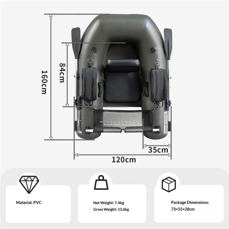 Bateau gonflable en PVC, embarcation de pêche légère avec 2+1 chambres à air - Noir