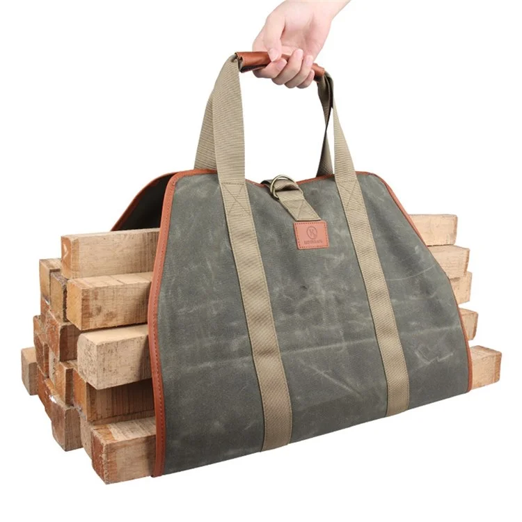 KOSIBATE CL-158 Waxed Canvas Fireplace Log Carrier Firewood Carrier Bag Water Resistant Log Tote Wood Carrying Bag with Handle Strap for Camping Trip Home Use