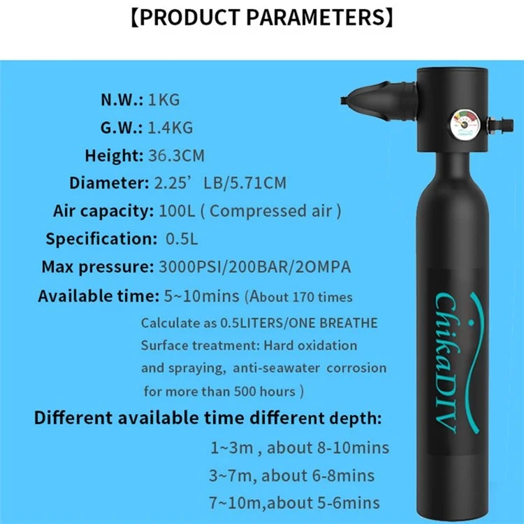 CHIKADIV C300-A1 Mini Serbatoio Subacqueo Attrezzatura Subacquea Per Subacqueo 0.5L Serbatoio D'aria Di Riserva Bombola Subacquea Con Kit Di Attrezzatura Subacquea Di Riserva Da 5-10 Minuti Per Subacquea - Nero