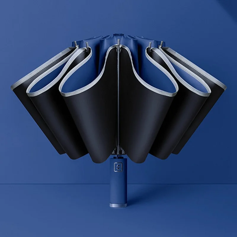 Reflective Automatic Umbrella Sun-proof Rainproof Dual-use Folding Reverse Type Umbrella Large UV Protection Umbrella - Navy Blue