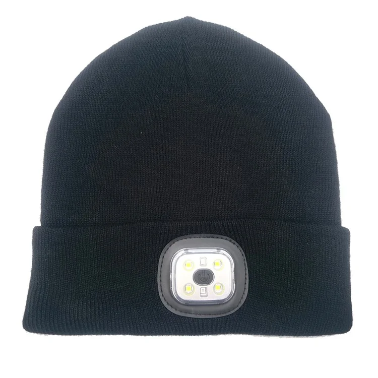 Gorro de Inverno Knitted com 4 LED de Iluminação para Caminhada, Pesca, Ciclismo e Corrida - Preto