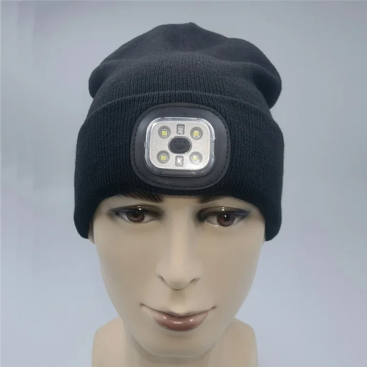 Outdoor 4 LED Warm Cap Winter Knitted Hat with Lights for Hiking Fishing Cycling, Running - Black