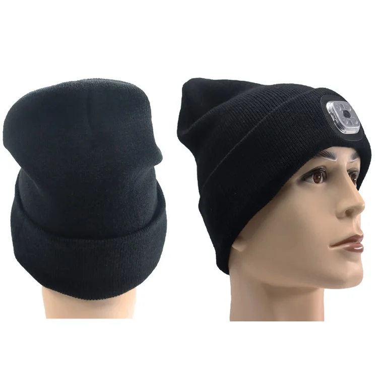 Gorro de Inverno Knitted com 4 LED de Iluminação para Caminhada, Pesca, Ciclismo e Corrida - Preto