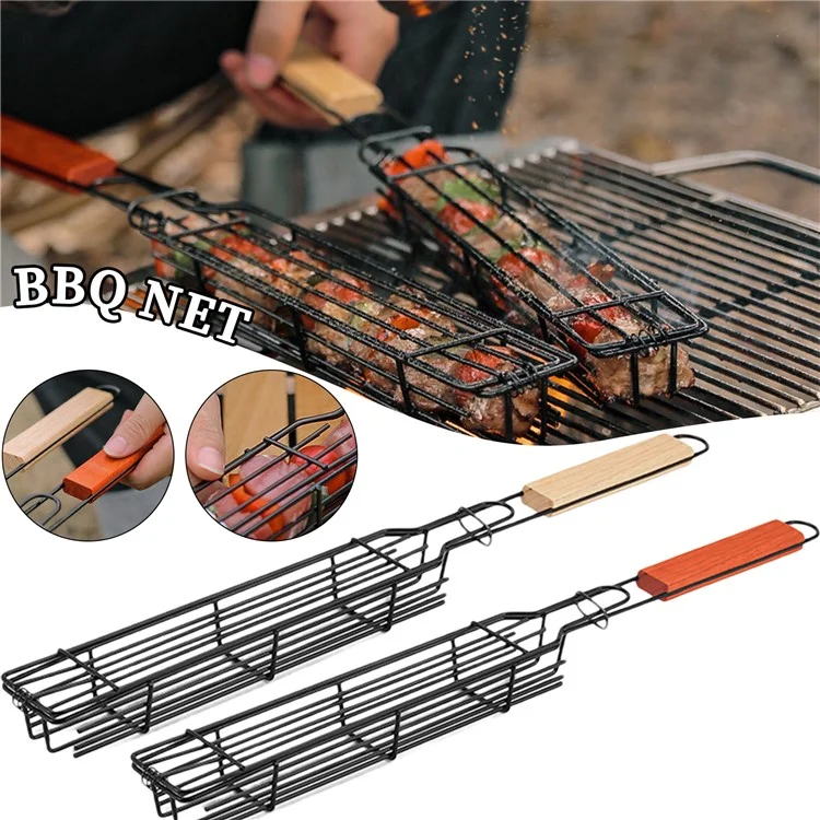 Outdoor BBQ Grilling Basket Portable Barbecue Cage with Wooden Handle Picnic Barbecue Net Camping Equipment (No FDA Certificate, BPA Free) - Red