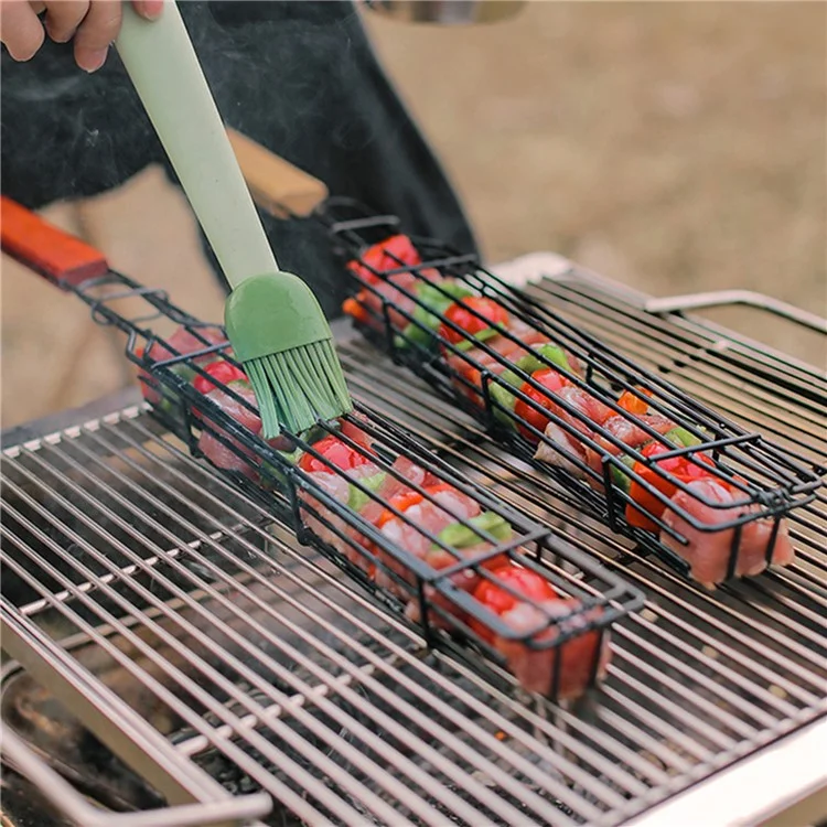 Cesta de Parrilla al Aire Libre Cesta Portátil de Barbacoa Portátil Con Mango de Madera Equipo de Campamento de Red de Barbacoa (sin Certificado de la Fda, BPA Gratis) - Rojo