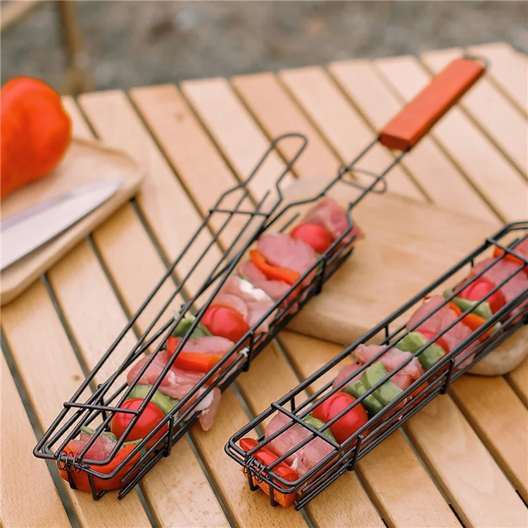 Outdoor BBQ Grilling Basket Portable Barbecue Cage with Wooden Handle Picnic Barbecue Net Camping Equipment (No FDA Certificate, BPA Free) - Red