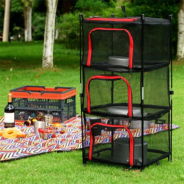 4 Layer Foldable Storage Hanging Net Portable Outdoor Camping Drying Mesh Basket - Red