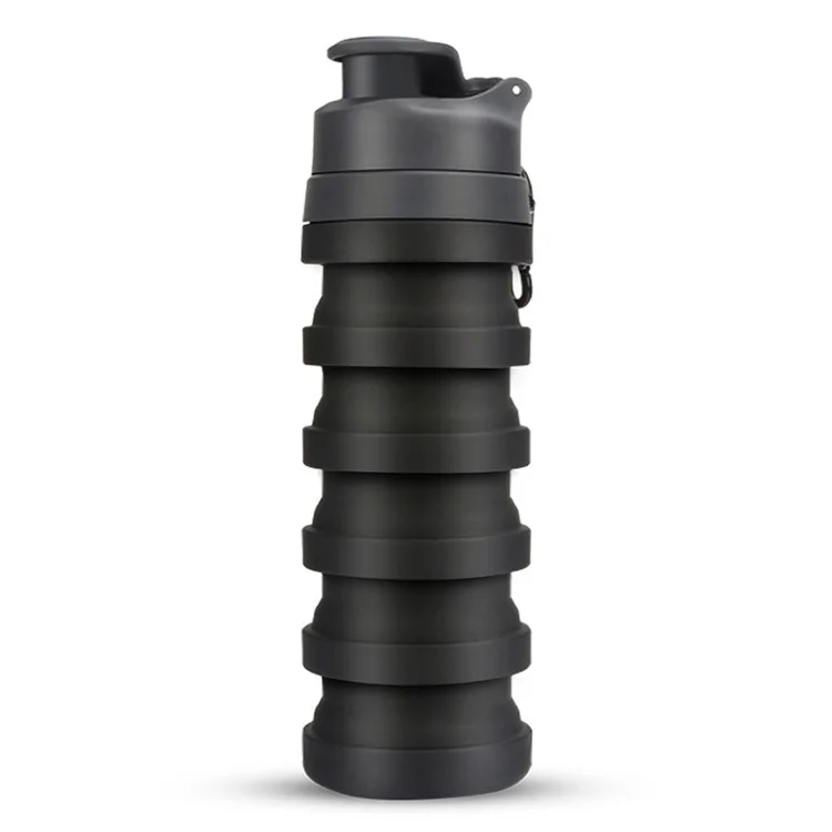 500ML Portable Folding Water Bottle Outdoor Travel Drinking Cup with Carabiner Collapsible Cup (BPA Free, No FDA Certificate) - Black