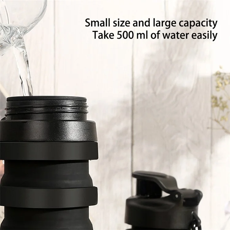 500ML Portable Folding Water Bottle Outdoor Travel Drinking Cup with Carabiner Collapsible Cup (BPA Free, No FDA Certificate) - Black