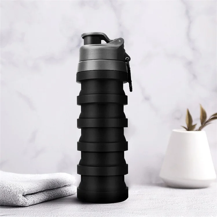500ML Portable Folding Water Bottle Outdoor Travel Drinking Cup with Carabiner Collapsible Cup (BPA Free, No FDA Certificate) - Black