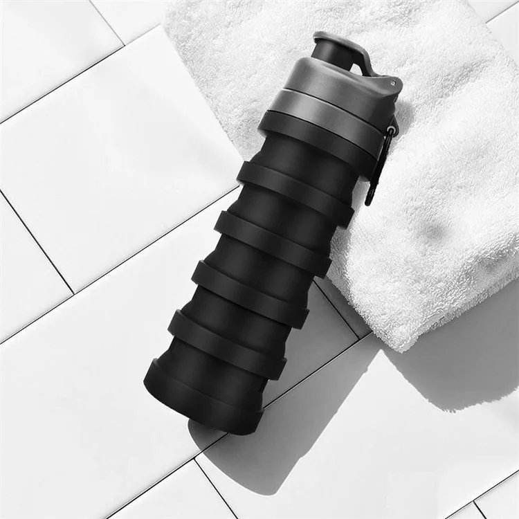 500ML Portable Folding Water Bottle Outdoor Travel Drinking Cup with Carabiner Collapsible Cup (BPA Free, No FDA Certificate) - Black