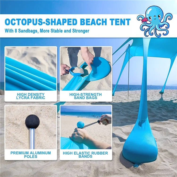 Beach Tent Canopy Anti-UV Sun Shelter Fishing Camping Sun Shade, 2x6-Sectionn Rod, 210x170x200cm - Lake Blue