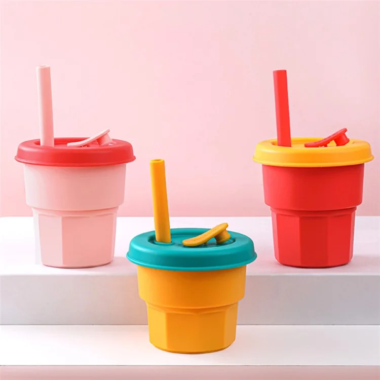 DS11094 300ml Baby Silicone Cup Straw Copo Garrafa à Prova de Vazamento Infantil (com Certificação Fda) - Ruivo / Laranja