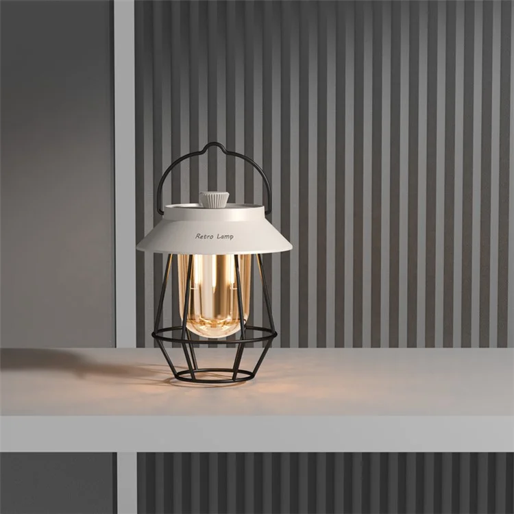 Vintage Iron Art Tent Lantern Rechargeable Hanging Lamp Portable Camping LED Light - White