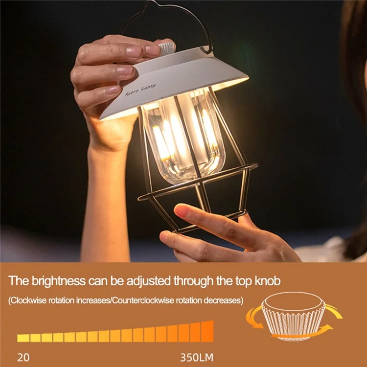 Vintage Iron Art Tent Lantern Rechargeable Hanging Lamp Portable Camping LED Light - White