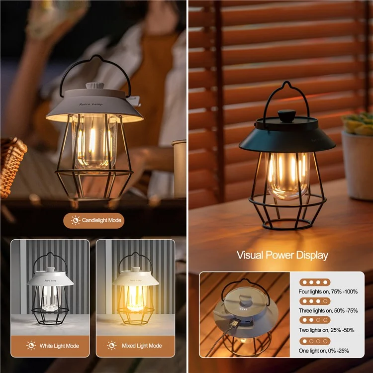 Vintage Iron Art Tent Lantern Rechargeable Hanging Lamp Portable Camping LED Light - White